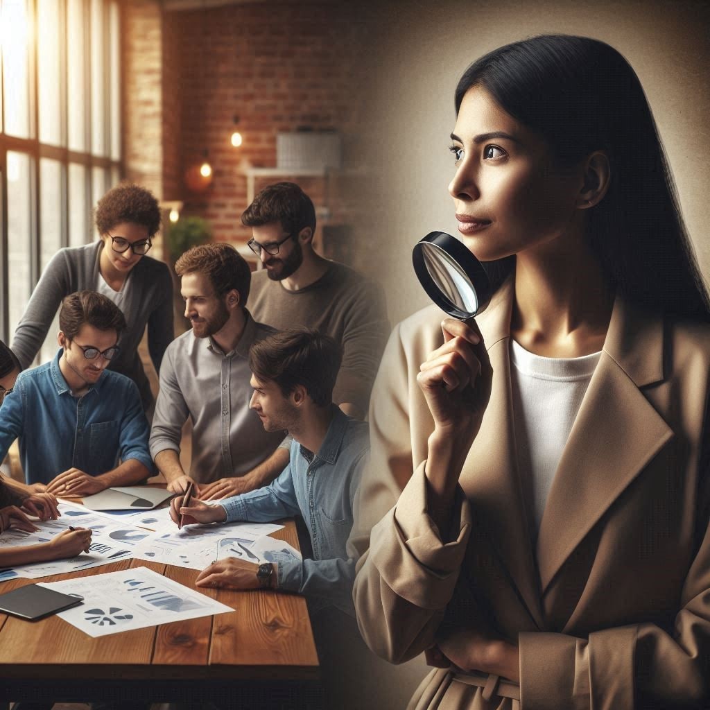 Person holding a magnifying glass beside a group of people looking at papers.